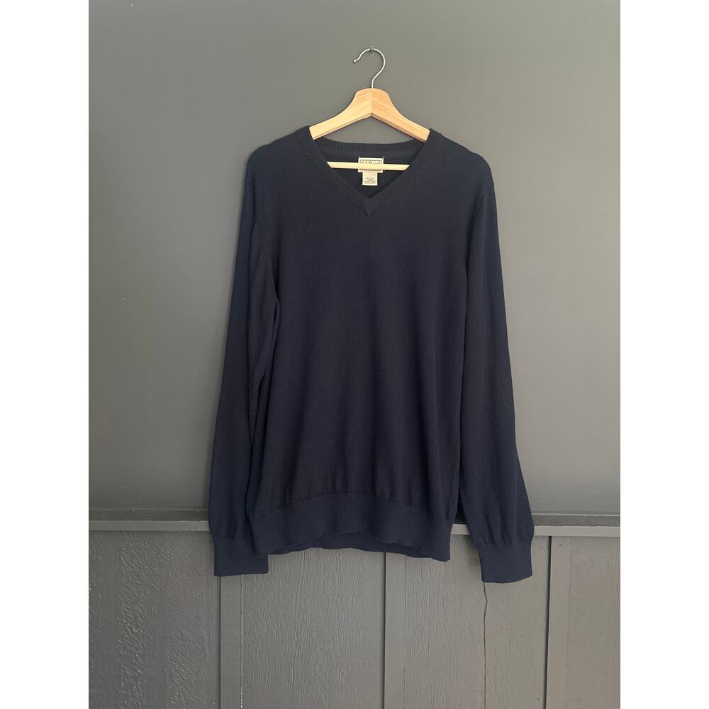 LL Bean V Neck Cotton Cashmere Blend Navy Pullover Sweater Size Medium